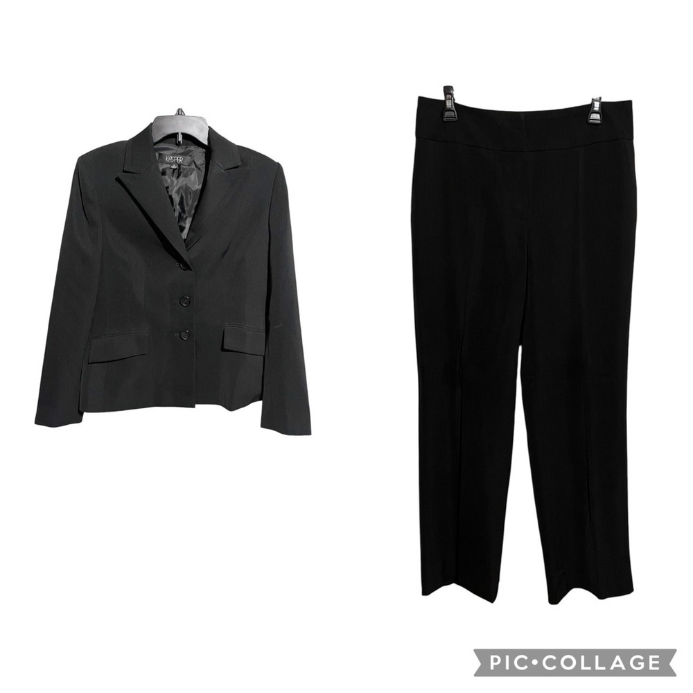 Kasper Suit Black Pinstripe Women's Size 8 Jacket 3 Button Straight Leg Career